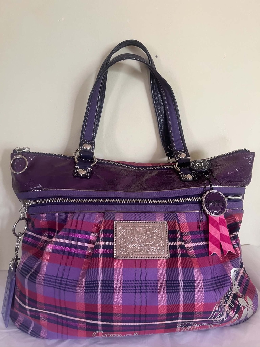 Coach Purple Plaid Tote with Pink Accents